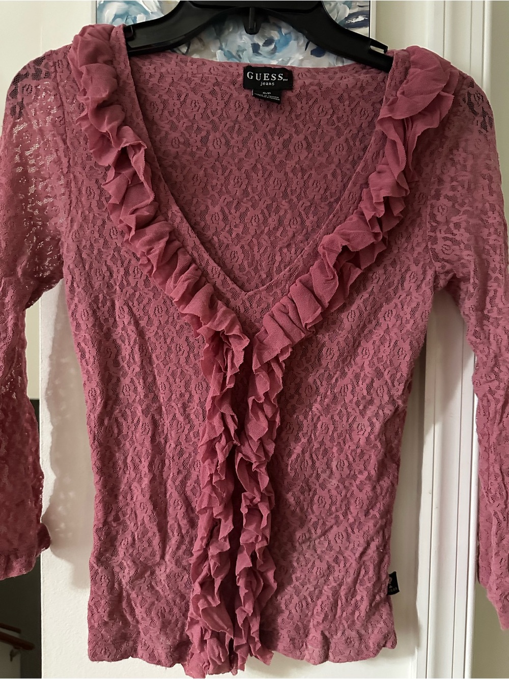GUESS Pink Lace Ruffle V-Neck Blouse